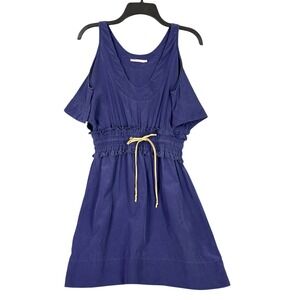 Wink Silk Dress Womens Small Blue Cold Shoulder Drawstring Mini